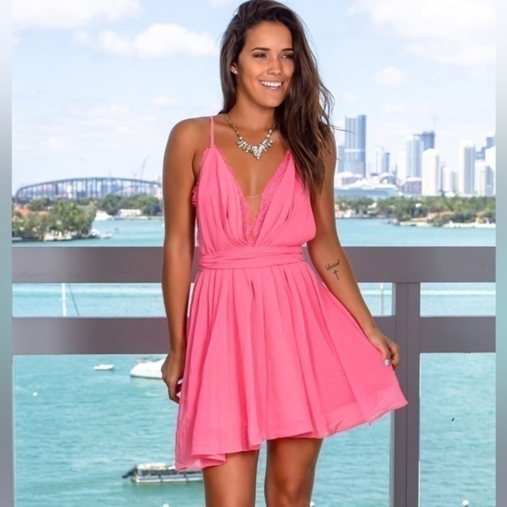 LUXXEL neon pink chiffon lace mini dress